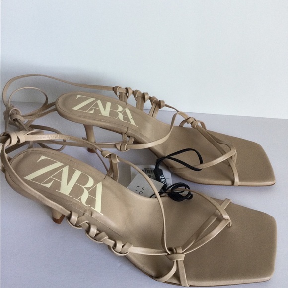 ZARA NEW WOMAN TIED HEEL LEATHER SQUARE SANDALS - Picture 12 of 12